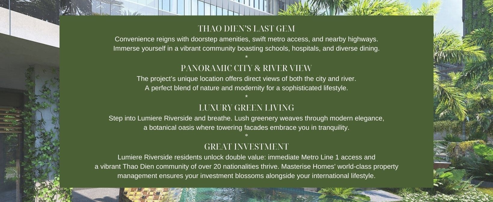 THAO DIENS LAST GEM Convenience reigns with doorstep amenities swift metro access and nearby highways. Immerse yourself in a vibrant community boasting schools hospitals and diverse dining. P 2 - Luxurious 2-Bedroom Apartment in LUMIÈRE Riverside with a Quiet Work Space and Elegant Furniture