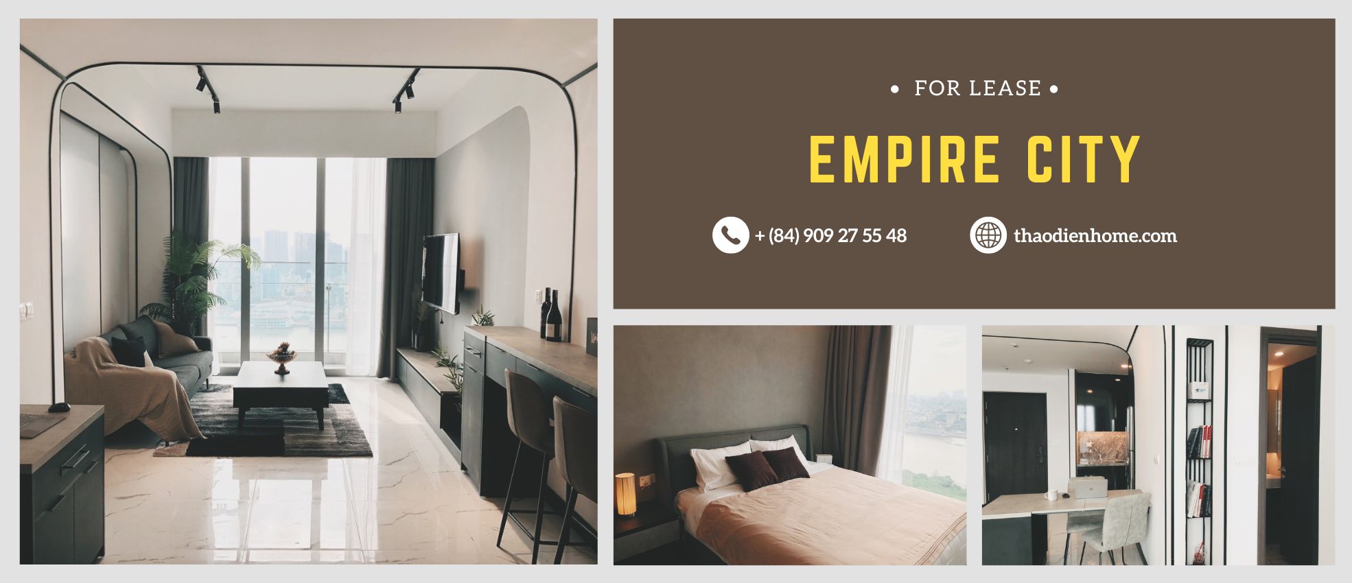 Căn hộ 1 phòng ngủ trang nhã và yên tĩnh tại Tilia Residence – Empire City với tầm nhìn ra thành phố và sông Sài Gòn